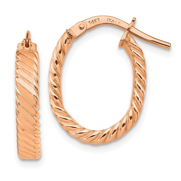 14K Rose Gold 3mm Patterned Oval Hoop Earrings 17.75 L x 14 mm W